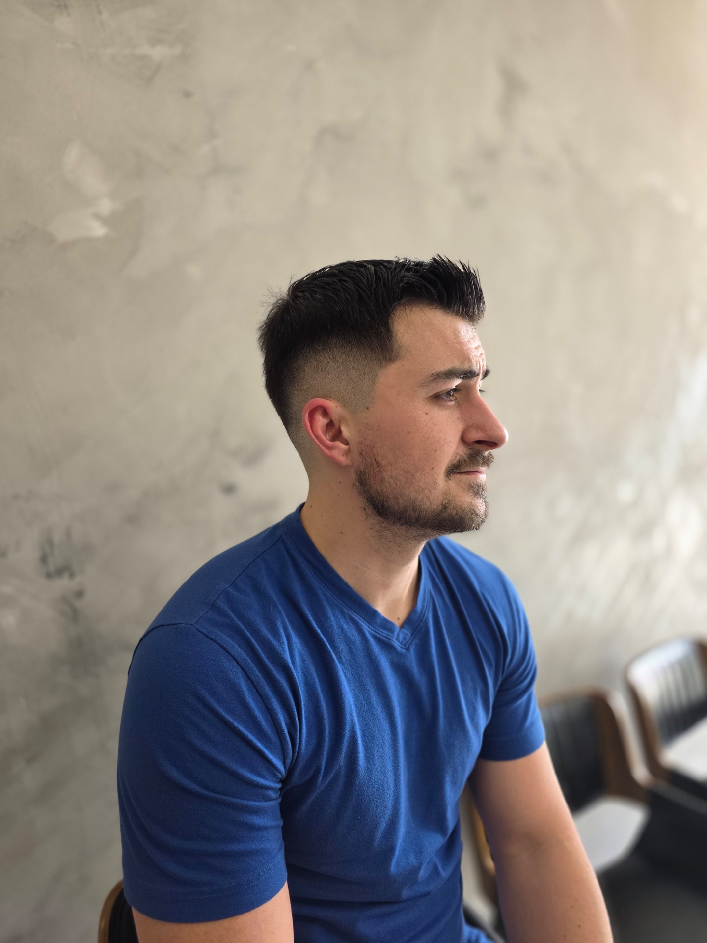 Modern textured fade and beard shape-up at Lads Fade Lounge